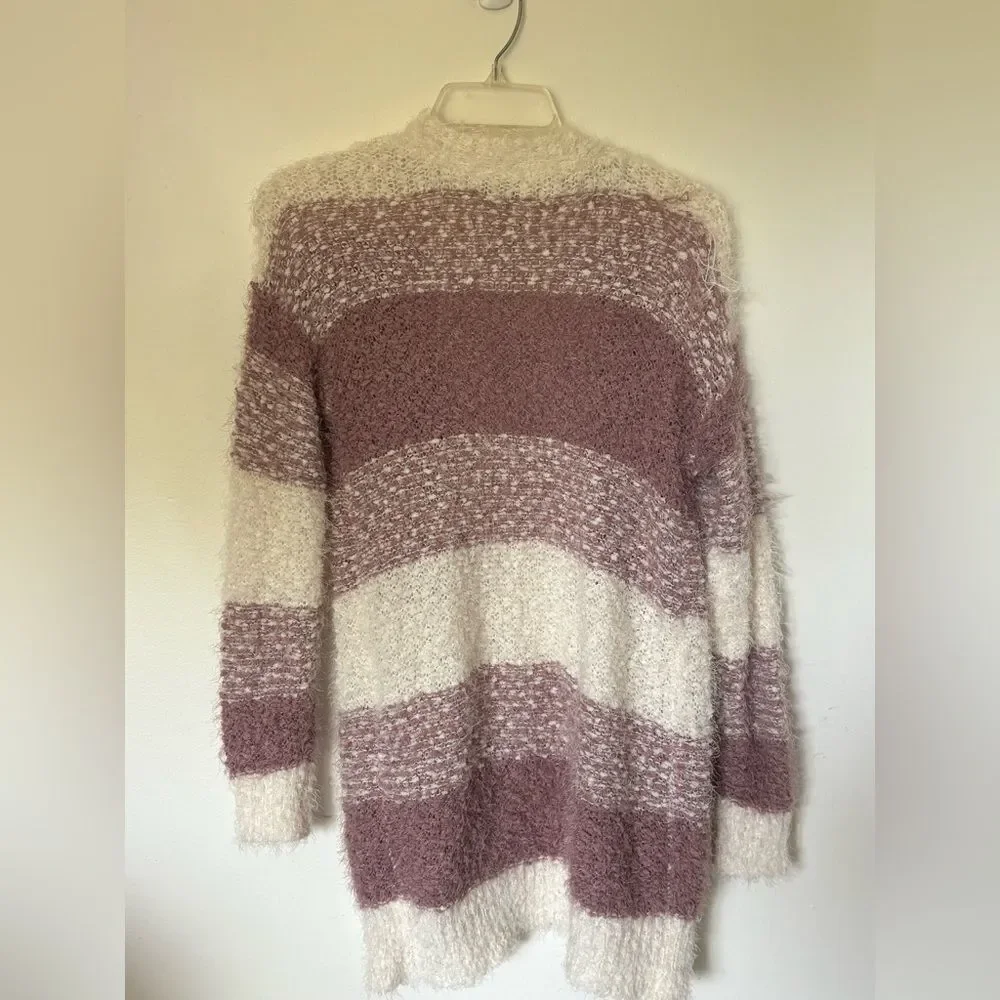 Moral Fiber NWT Fuzzy Striped Open Front Cardigan Purple White Size S